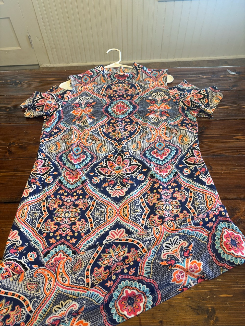 Avenue Navy Paisley Cold-Shoulder Dress with Coral & Teal Accents